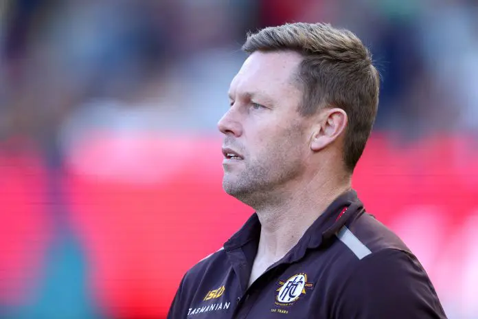 MELBOURNE, AUSTRALIA - MAY 10: Sam Mitchell, Senior Coach of the Hawks looks on during the round nine AFL match between Melbourne Demons and Hawthorn Hawks at Melbourne Cricket Ground, on May 10, 2025, in Melbourne, Australia. (Photo by Josh Chadwick/AFL Photos/via Getty Images)