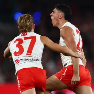 MELBOURNE, AUSTRALIA - MAY 10: Justin McInerney of the Swans celebrates a goal during the round nine AFL match between Essendon Bombers and Sydney Swans at Marvel Stadium, on May 10, 2025, in Melbourne, Australia. (Photo by Morgan Hancock/Getty Images)