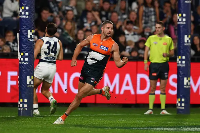 GEELONG, AUSTRALIA - MAY 11: Jesse Hogan of the Giants celebrates kicking a goal during the round nine AFL match between Geelong Cats and GWS Giants at GMHBA Stadium on May 11, 2025 in Geelong, Australia. (Photo by Graham Denholm/AFL Photos/Getty Images)