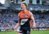 GEELONG, AUSTRALIA - MAY 11: Tom Green of the Giants celebrates kicking a goal during the round nine AFL match between Geelong Cats and GWS Giants at GMHBA Stadium, on May 11, 2025, in Geelong, Australia. (Photo by Josh Chadwick/Getty Images)