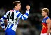 HOBART, AUSTRALIA - MAY 11: Cameron Zurhaar of the Kangaroos celebrates a goal  during the round nine AFL match between North Melbourne Kangaroos and Brisbane Lions at Ninja Stadium, on May 11, 2025, in Hobart, Australia. (Photo by Steve Bell/Getty Images)