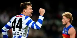 HOBART, AUSTRALIA - MAY 11: Cameron Zurhaar of the Kangaroos celebrates a goal  during the round nine AFL match between North Melbourne Kangaroos and Brisbane Lions at Ninja Stadium, on May 11, 2025, in Hobart, Australia. (Photo by Steve Bell/Getty Images)