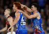 MELBOURNE, AUSTRALIA - MAY 17: Ed Richards (left) and Matthew Kennedy of the Bulldogs celebrate during the 2025 AFL Round 10 match between the Western Bulldogs and the Essendon Bombers at Marvel Stadium on May 17, 2025 in Melbourne, Australia. (Photo by Michael Willson/AFL Photos via Getty Images)