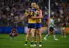 PERTH, AUSTRALIA - MAY 18: Reuben Ginbey and Ryan Maric of the Eagles is happy with the win during the 2025 AFL Round 10 match between Waalitj Marawar (West Coast Eagles) and Euro-Yroke (St Kilda Saints) at Optus Stadium on May 18, 2025 in Perth, Australia. (Photo by Daniel Carson/AFL Photos via Getty Images)