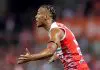 SYDNEY, AUSTRALIA - MAY 16: Joel Amartey of the Swans reacts during the round ten AFL match between Sydney Swans and Carlton Blues at Sydney Cricket Ground, on May 16, 2025, in Sydney, Australia. (Photo by Cameron Spencer/Getty Images)
