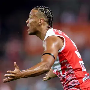 SYDNEY, AUSTRALIA - MAY 16: Joel Amartey of the Swans reacts during the round ten AFL match between Sydney Swans and Carlton Blues at Sydney Cricket Ground, on May 16, 2025, in Sydney, Australia. (Photo by Cameron Spencer/Getty Images)