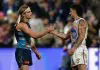 GEELONG, AUSTRALIA - MAY 22: Bailey Smith of the Cats and Tom Liberatore of the Bulldogs shake hands after the 2025 AFL Round 11 match between the Geelong Cats and the Western Bulldogs at GMHBA Stadium on May 22, 2025 in Geelong, Australia. (Photo by Michael Willson/AFL Photos via Getty Images)