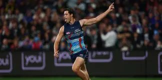 GEELONG, AUSTRALIA - MAY 22: Shannon Neale of the Cats celebrates a goal during the round 11 AFL match between Geelong Cats and Western Bulldogs at GMHBA Stadium, on May 22, 2025, in Geelong, Australia. (Photo by Morgan Hancock/Getty Images)