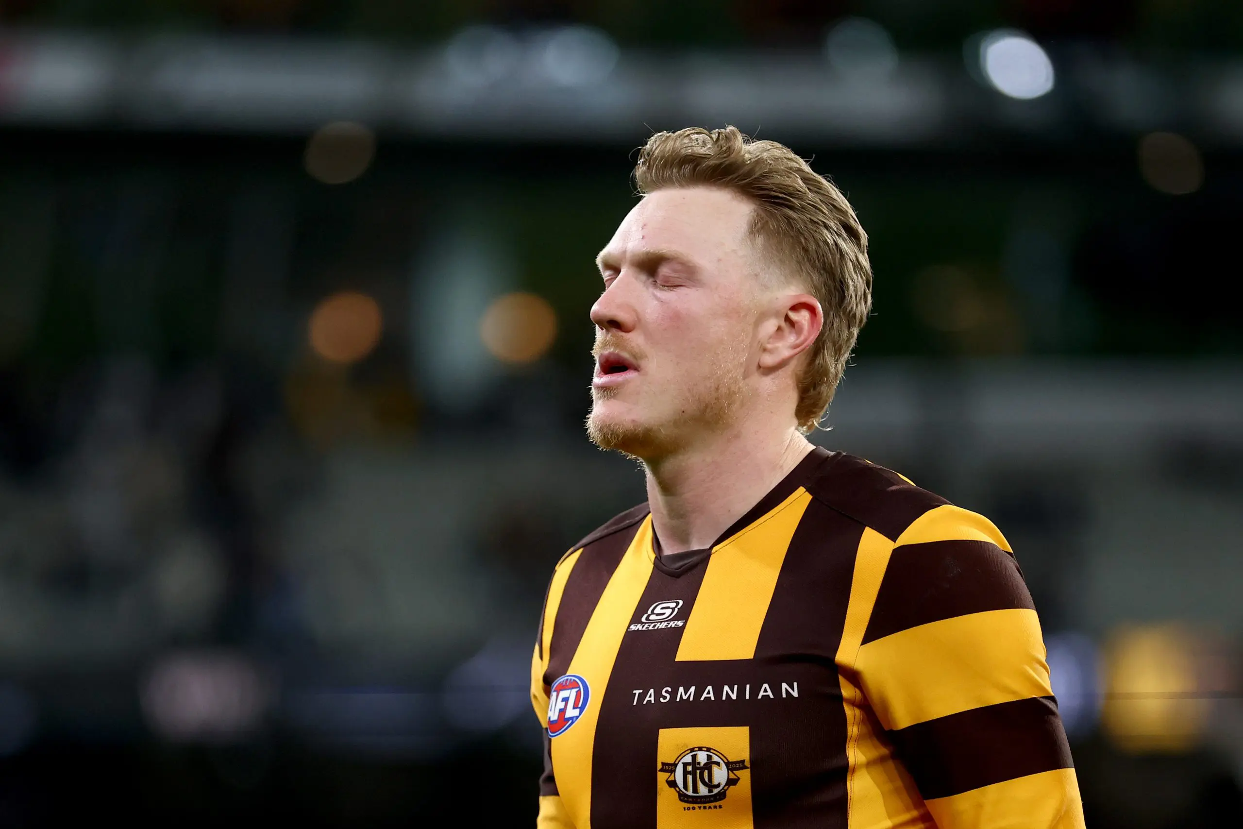 MELBOURNE, AUSTRALIA - MAY 30: James Sicily of the Hawks looks dejected after losing the round 12 AFL match between Collingwood Magpies and Hawthorn Hawks at Melbourne Cricket Ground, on May 30, 2025, in Melbourne, Australia. (Photo by Josh Chadwick/AFL Photos/via Getty Images)