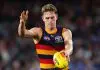 ADELAIDE, AUSTRALIA - JUNE 06: Daniel Curtin of the Crows  during the 2025 AFL Round 13 match between the Adelaide Crows and the Brisbane Lions at Adelaide Oval on June 6, 2025 in Adelaide, Australia. (Photo by Sarah Reed/AFL Photos)