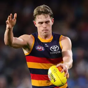 ADELAIDE, AUSTRALIA - JUNE 06: Daniel Curtin of the Crows  during the 2025 AFL Round 13 match between the Adelaide Crows and the Brisbane Lions at Adelaide Oval on June 6, 2025 in Adelaide, Australia. (Photo by Sarah Reed/AFL Photos)