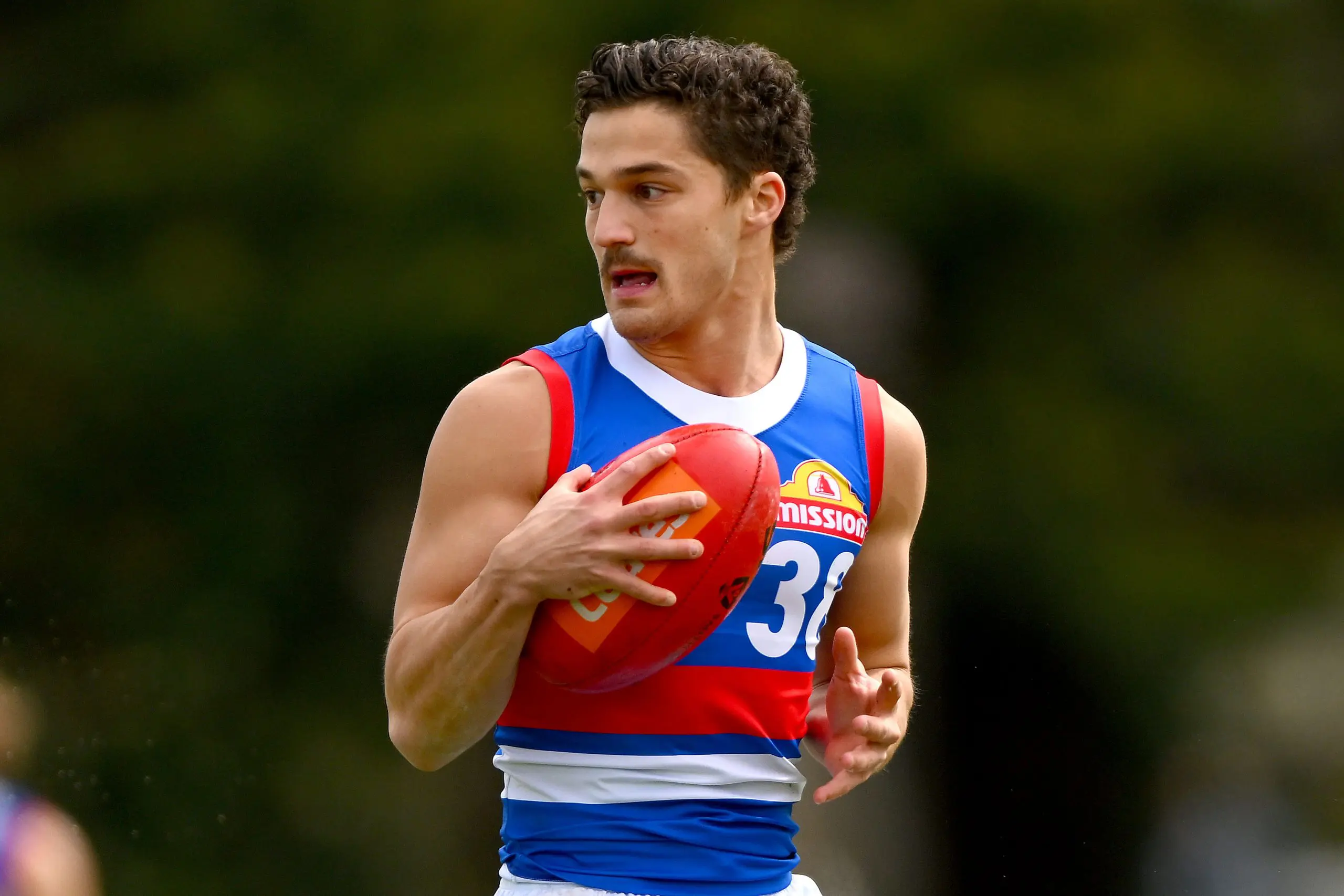 MELBOURNE, AUSTRALIA - SEPTEMBER 09: Riley Garcia of the Bulldogs takes possession of the ball during the 2023 VFL Semi Final match between the Box Hill Hawks and the Footscray Bulldogs at Box Hill City Oval on September 09, 2023 in Melbourne, Australia. (Photo by Morgan Hancock/AFL Photos via Getty Images)
