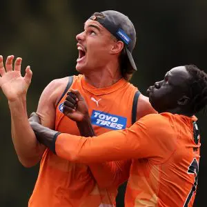 SYDNEY, AUSTRALIA - MARCH 22:  Nicholas Madden and Leek Aleer compete for the ball during a Greater Western Sydney Giants AFL training session at Vailo Community Centre on March 22, 2024 in Sydney, Australia. (Photo by Mark Kolbe/Getty Images)