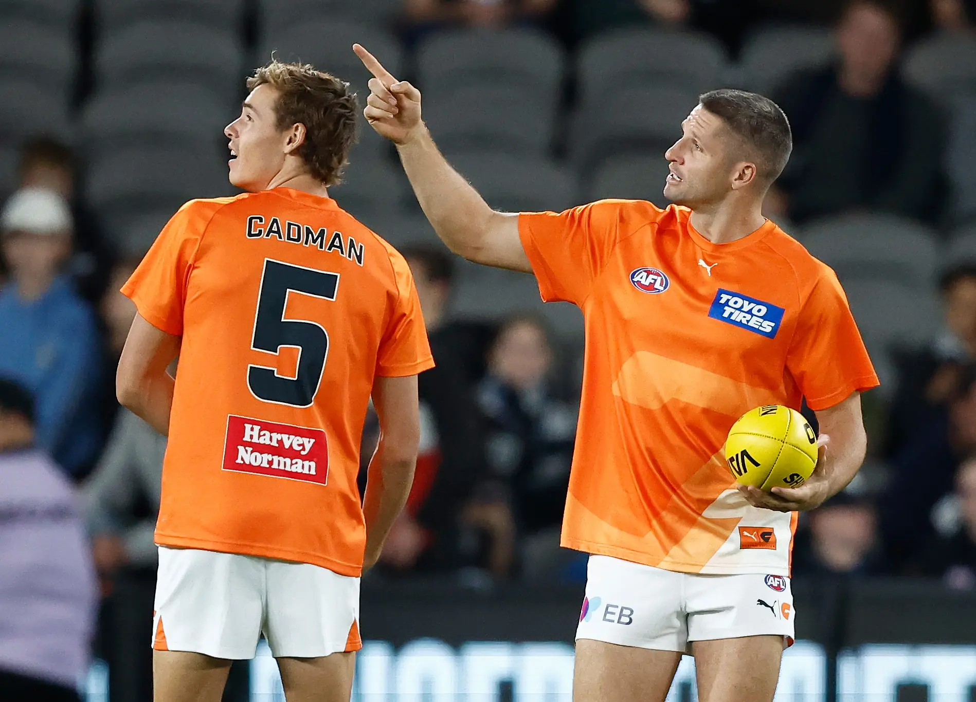 MELBOURNE, AUSTRALIA - APRIL 20: Aaron Cadman (left) and Jesse Hogan of the Giants warm up during the 2024 AFL Round 06 match between the Carlton Blues and the GWS GIANTS at Marvel Stadium on April 20, 2024 in Melbourne, Australia. (Photo by Michael Willson/AFL Photos via Getty Images)