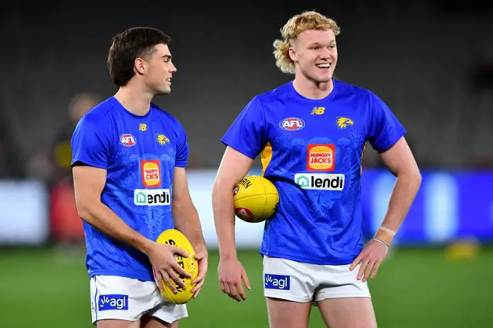 MELBOURNE, AUSTRALIA - JULY 20: Reuben Ginbey and Campbell Chesser of the Eagles look on prior to the round 19 AFL match between St Kilda Saints and West Coast Eagles at Marvel Stadium, on July 20, 2024, in Melbourne, Australia. (Photo by Josh Chadwick/AFL Photos/via Getty Images)