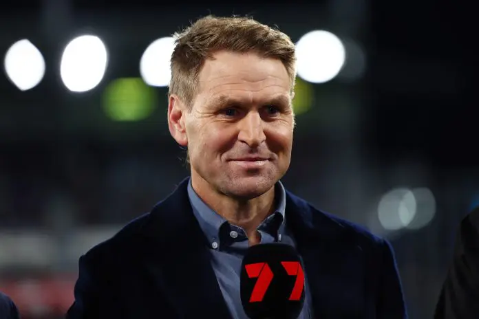GEELONG, AUSTRALIA - MAY 22: Kane Cornes speaks as a part of media commitments during the round 11 AFL match between Geelong Cats and Western Bulldogs at GMHBA Stadium, on May 22, 2025, in Geelong, Australia. (Photo by Morgan Hancock/Getty Images)