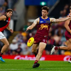 BRISBANE, AUSTRALIA - MAY 29: Noah Answerth of the Lions in action during the 2025 AFL Round 12 match between the Brisbane Lions and the Essendon Bombers at The Gabba on May 29, 2025 in Brisbane, Australia. (Photo by Russell Freeman/AFL Photos via Getty Images)