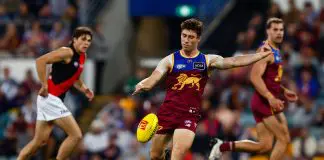 BRISBANE, AUSTRALIA - MAY 29: Noah Answerth of the Lions in action during the 2025 AFL Round 12 match between the Brisbane Lions and the Essendon Bombers at The Gabba on May 29, 2025 in Brisbane, Australia. (Photo by Russell Freeman/AFL Photos via Getty Images)