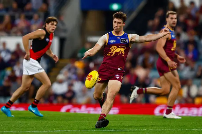 BRISBANE, AUSTRALIA - MAY 29: Noah Answerth of the Lions in action during the 2025 AFL Round 12 match between the Brisbane Lions and the Essendon Bombers at The Gabba on May 29, 2025 in Brisbane, Australia. (Photo by Russell Freeman/AFL Photos via Getty Images)