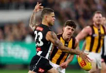 MELBOURNE, AUSTRALIA - MAY 30: Bobby Hill of the Magpies kicks during the round 12 AFL match between Collingwood Magpies and Hawthorn Hawks at Melbourne Cricket Ground, on May 30, 2025, in Melbourne, Australia. (Photo by Josh Chadwick/AFL Photos/via Getty Images)
