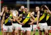 SYDNEY, AUSTRALIA - MAY 31: Tigers players react at full-time during the round 12 AFL match between Greater Western Sydney Giants and Richmond Tigers at ENGIE Stadium, on May 31, 2025, in Sydney, Australia. (Photo by Brendon Thorne/AFL Photos/via Getty Images)