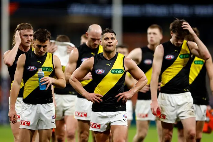 SYDNEY, AUSTRALIA - MAY 31: Tigers players react at full-time during the round 12 AFL match between Greater Western Sydney Giants and Richmond Tigers at ENGIE Stadium, on May 31, 2025, in Sydney, Australia. (Photo by Brendon Thorne/AFL Photos/via Getty Images)
