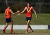 SYDNEY, AUSTRALIA - JUNE 01: Mitchell Marsh (R) of South Australia celebrates kicking a goal with saduring the Marsh AFL National Championships U18 Boys match between Allies and South Australia at Blacktown International Sportspark on June 01, 2025 in Sydney, Australia. (Photo by Jason McCawley/AFL Photos/via Getty Images)