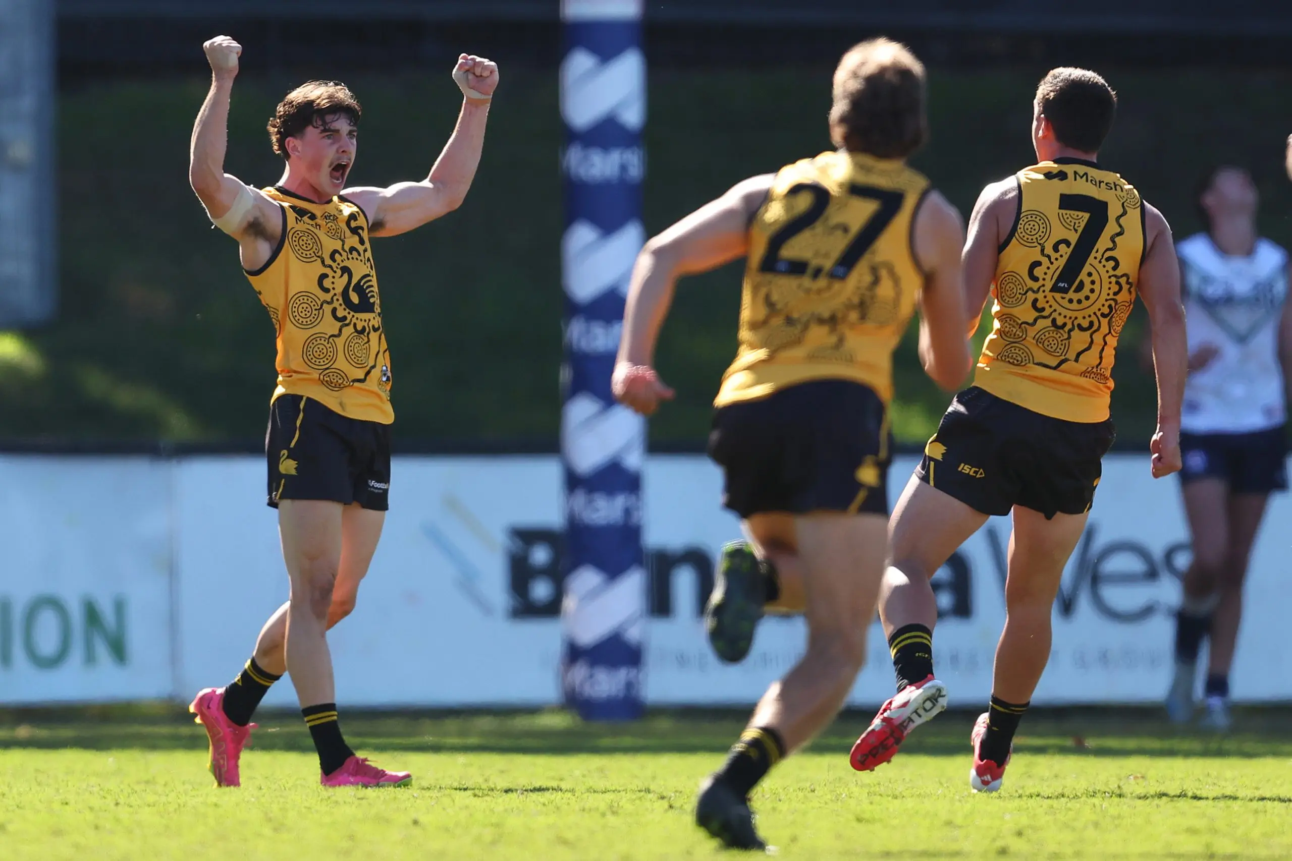 PERTH, AUSTRALIA - JUNE 07: Hudson Walker of Western Australia celebrates kicking the winning goal during the Marsh AFL National Championships U18 Boys match between Western Australia and Victoria Country at Mineral Resources Park, on June 07, 2025, in Perth, Australia. (Photo by Paul Kane/AFL Photos/via Getty Images)