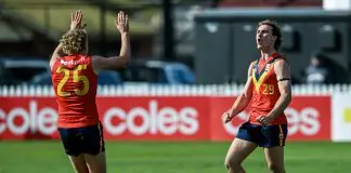 ADELAIDE, AUSTRALIA - JUNE 08: Dyson Sharp (c) of South Australia celebrates a goal during the Marsh AFL National Championships U18 Boys match between South Australia and Victoria Metro at Alberton Oval, on June 08, 2025, in Adelaide, Australia. (Photo by Mark Brake/AFL Photos/via Getty Images)