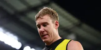 MELBOURNE, AUSTRALIA - JUNE 29: Tom Lynch of the Tigers walks from the ground after the round 16 AFL match between Richmond Tigers and Adelaide Crows at Melbourne Cricket Ground on June 29, 2025 in Melbourne, Australia. (Photo by Morgan Hancock/Getty Images)
