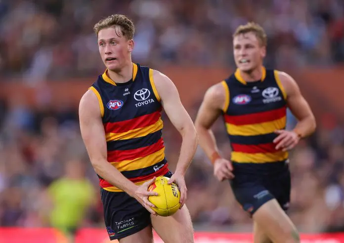 ADELAIDE, AUSTRALIA - MAY 12: Brayden Cook of the Crows during the 2024 AFL Round 09 match between the Adelaide Crows and the Brisbane Lions at Adelaide Oval on May 12, 2024 in Adelaide, Australia. (Photo by Sarah Reed/AFL Photos via Getty Images)