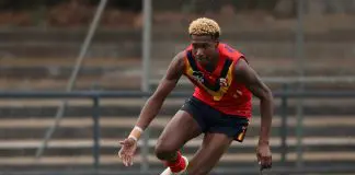 ADELAIDE, AUSTRALIA - JUNE 22: Zemes Pilot of South Australia chases the ball during the Marsh AFL National Development Championships match between U16 Boys South Australia and Western Australia at Thebarton Oval on June 22, 2024 in Adelaide, Australia. (Photo by Maya Thompson/AFL Photos/via Getty Images)