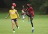 SYDNEY, AUSTRALIA - NOVEMBER 29: Riak Andrew kicks during a Sydney Swans Training Session at Bat and Ball Oval on November 29, 2024 in Sydney, Australia. (Photo by Matt King/Getty Images)