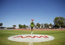 PERTH, AUSTRALIA - MARCH 01:  Umpires practices his bouncing as he warms up during the 2025 AAMI AFL Community Series match between West Coast Eagles and North Melbourne Kangaroos at Hands Oval on March 01, 2025 in Bunbury, Australia. (Photo by James Worsfold/Getty Images)