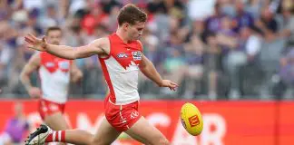 MRO hands out pair of suspensions PERTH, AUSTRALIA - MARCH 23: Angus Sheldrick of the Swans kicks the ball during the 2025 AFL Round 02 match between the Fremantle Dockers and the Sydney Swans at Optus Stadium on March 23, 2025 in Perth, Australia. (Photo by Janelle St Pierre/AFL Photos via Getty Images)