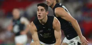 Carlton star set for scans as untried pair shine against Lions MELBOURNE, AUSTRALIA - APRIL 18: Adam Cerra of the Blues handballs during the round six AFL match between North Melbourne Kangaroos and Carlton Blues at Marvel Stadium, on April 18, 2025, in Melbourne, Australia. (Photo by Daniel Pockett/Getty Images)