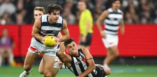 “I’m pretty excited”: Scott goes against the grain in praising developing Cat MELBOURNE, AUSTRALIA - MAY 03: Oisin Mullin of the Cats is tackled by Nick Daicos of the Magpies during the round eight AFL match between Collingwood Magpies and Geelong Cats at Melbourne Cricket Ground, on May 03, 2025, in Melbourne, Australia. (Photo by Quinn Rooney/Getty Images)