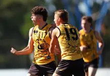 PERTH, AUSTRALIA - JUNE 07: Sam Swadling of Western Australia celebrates a goal during the Marsh AFL National Championships U18 Boys match between Western Australia and Victoria Country at Mineral Resources Park, on June 07, 2025, in Perth, Australia. (Photo by Paul Kane/AFL Photos/via Getty Images)