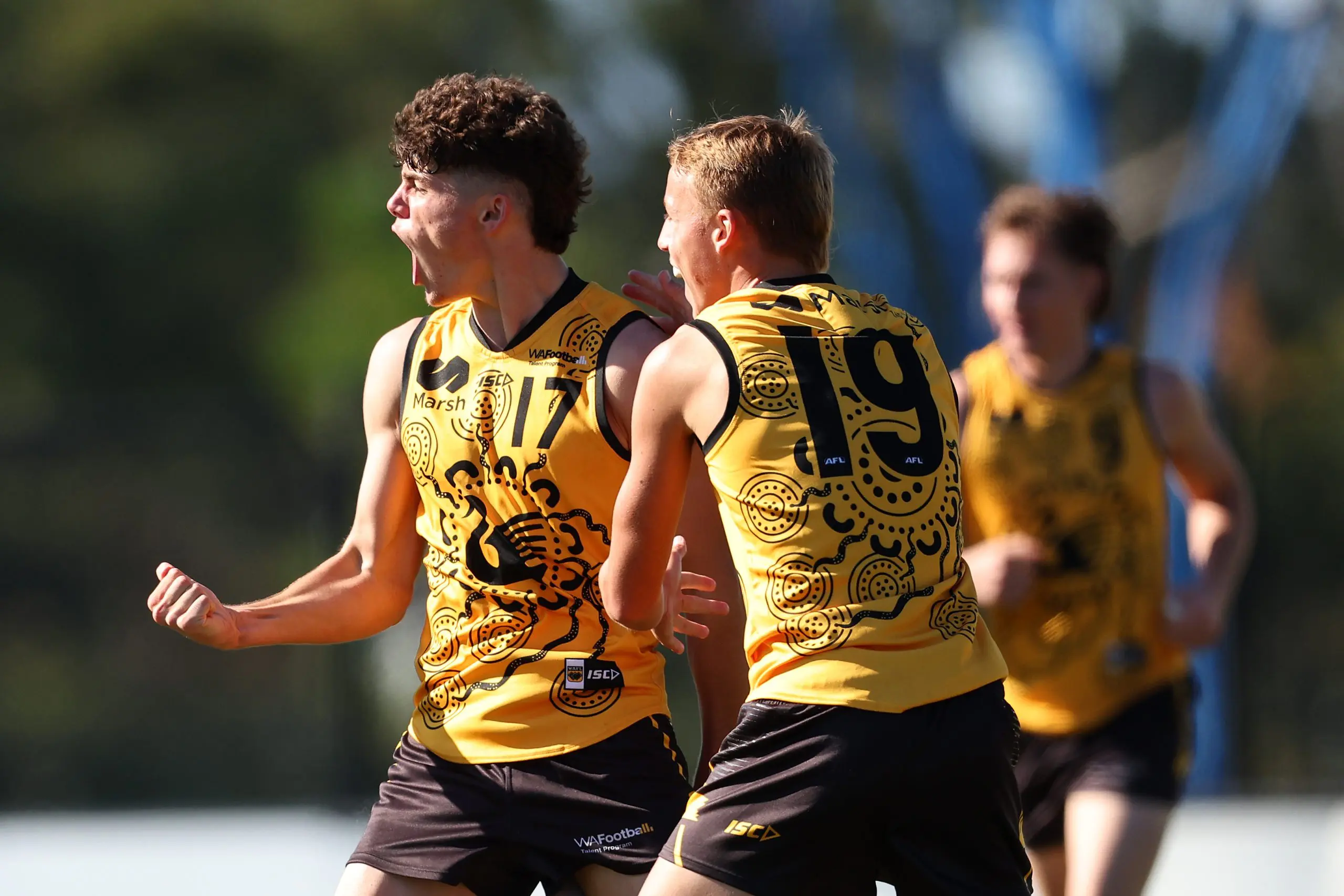 PERTH, AUSTRALIA - JUNE 07: Sam Swadling of Western Australia celebrates a goal during the Marsh AFL National Championships U18 Boys match between Western Australia and Victoria Country at Mineral Resources Park, on June 07, 2025, in Perth, Australia. (Photo by Paul Kane/AFL Photos/via Getty Images)