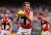 PERTH, AUSTRALIA - JUNE 29: Jack Macrae of the Saints in action during the round 16 AFL match between Fremantle Dockers and St Kilda Saints at Optus Stadium on June 29, 2025 in Perth, Australia. (Photo by Paul Kane/Getty Images)