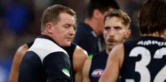 MELBOURNE, AUSTRALIA - JULY 04: Michael Voss, Senior Coach of the Blues looks on during the 2025 AFL Round 17 match between the Carlton Blues and the Collingwood Magpies at the Melbourne Cricket Ground on July 4, 2025 in Melbourne, Australia. (Photo by Michael Willson/AFL Photos via Getty Images)