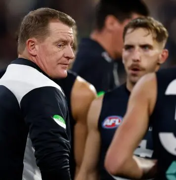 MELBOURNE, AUSTRALIA - JULY 04: Michael Voss, Senior Coach of the Blues looks on during the 2025 AFL Round 17 match between the Carlton Blues and the Collingwood Magpies at the Melbourne Cricket Ground on July 4, 2025 in Melbourne, Australia. (Photo by Michael Willson/AFL Photos via Getty Images)