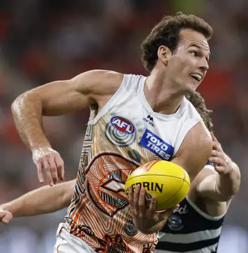 SYDNEY, AUSTRALIA - JULY 12: Jack Buckley of the Giants hduring the round 18 AFL match between GWS Giants and Geelong Cats at ENGIE Stadium on July 12, 2025 in Sydney, Australia. (Photo by Darrian Traynor/Getty Images)