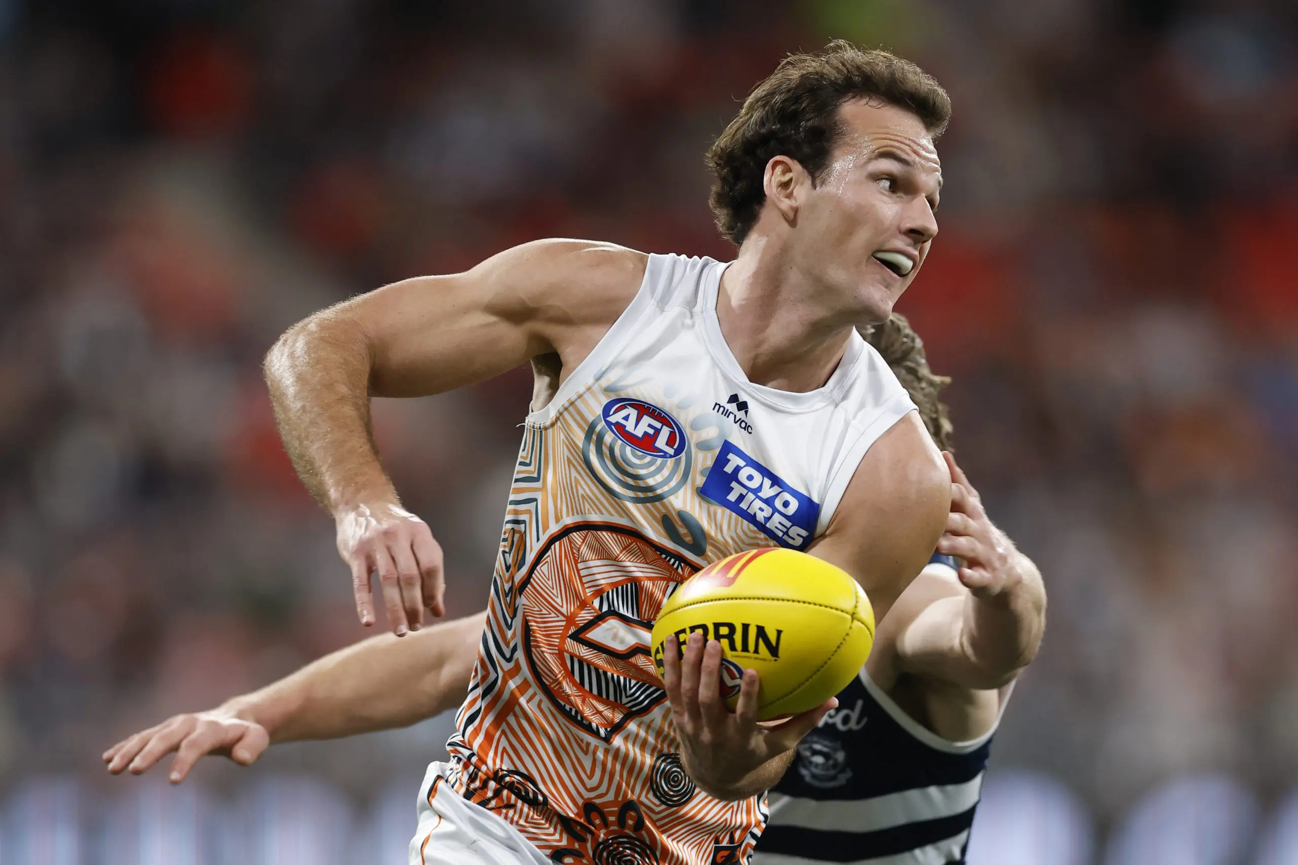 SYDNEY, AUSTRALIA - JULY 12: Jack Buckley of the Giants hduring the round 18 AFL match between GWS Giants and Geelong Cats at ENGIE Stadium on July 12, 2025 in Sydney, Australia. (Photo by Darrian Traynor/Getty Images)