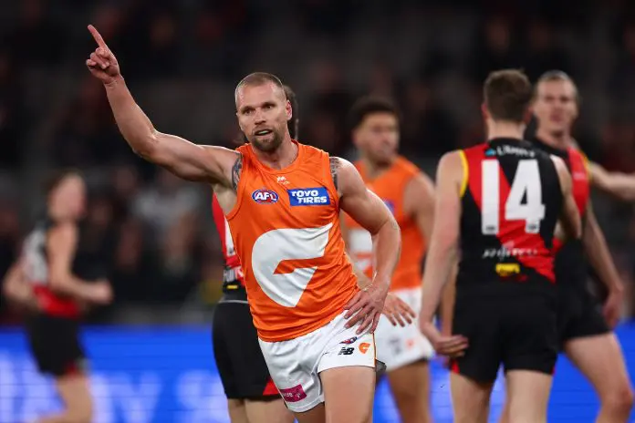 MELBOURNE, AUSTRALIA - JULY 17: Jake Stringer of the Giants celebrates a goal that was overturned during the round 19 AFL match between Essendon Bombers and GWS Giants at Marvel Stadium on July 17, 2025 in Melbourne, Australia. (Photo by Morgan Hancock/Getty Images)