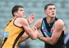 Delist, keep or trade: Port Adelaide’s out-of-contract 22 LAUNCESTON, AUSTRALIA - JULY 19: Lloyd Meek of the Hawks and Jordon Sweet of the Power compete in a ruck contest during the round 19 AFL match between Hawthorn Hawks and Port Adelaide Power at University of Tasmania Stadium on July 19, 2025 in Launceston, Australia. (Photo by Steve Bell/Getty Images)
