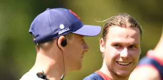 MELBOURNE, AUSTRALIA - NOVEMBER 18: Demons head coach Simon Goodwin and Ed Langdon chat during a Melbourne Demons Training Session & Media Opportunity at Gosch's Paddock on November 18, 2019 in Melbourne, Australia. (Photo by Quinn Rooney/Getty Images)