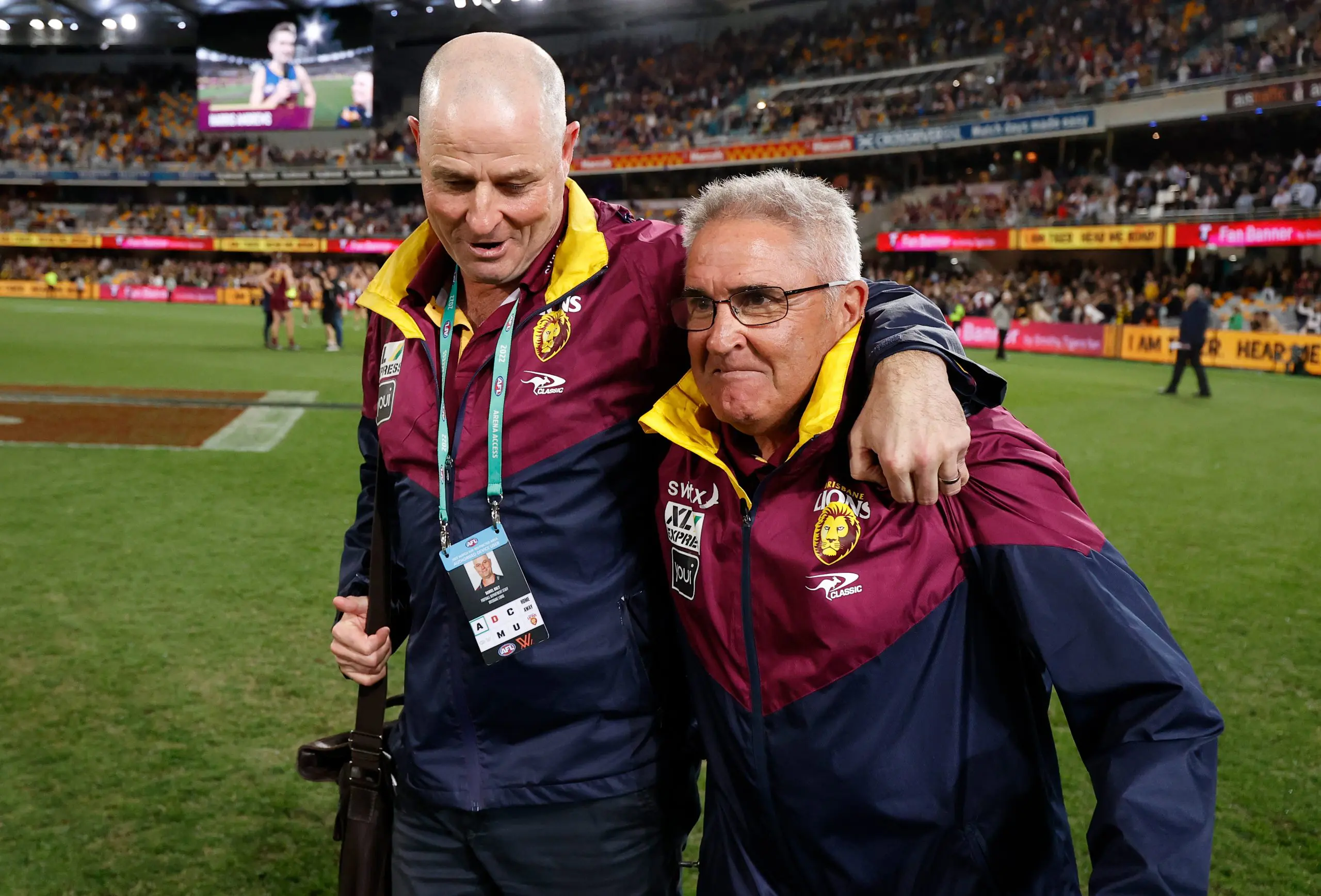 BRISBANE, AUSTRALIA - SEPTEMBER 01: Danny Daly and Chris Fagan, Senior Coach of the Lions celebrate during the 2022 AFL Second Elimination Final match between the Brisbane Lions and the Richmond Tigers at The Gabba on September 1, 2022 in Brisbane, Australia. (Photo by Michael Willson/AFL Photos via Getty Images)