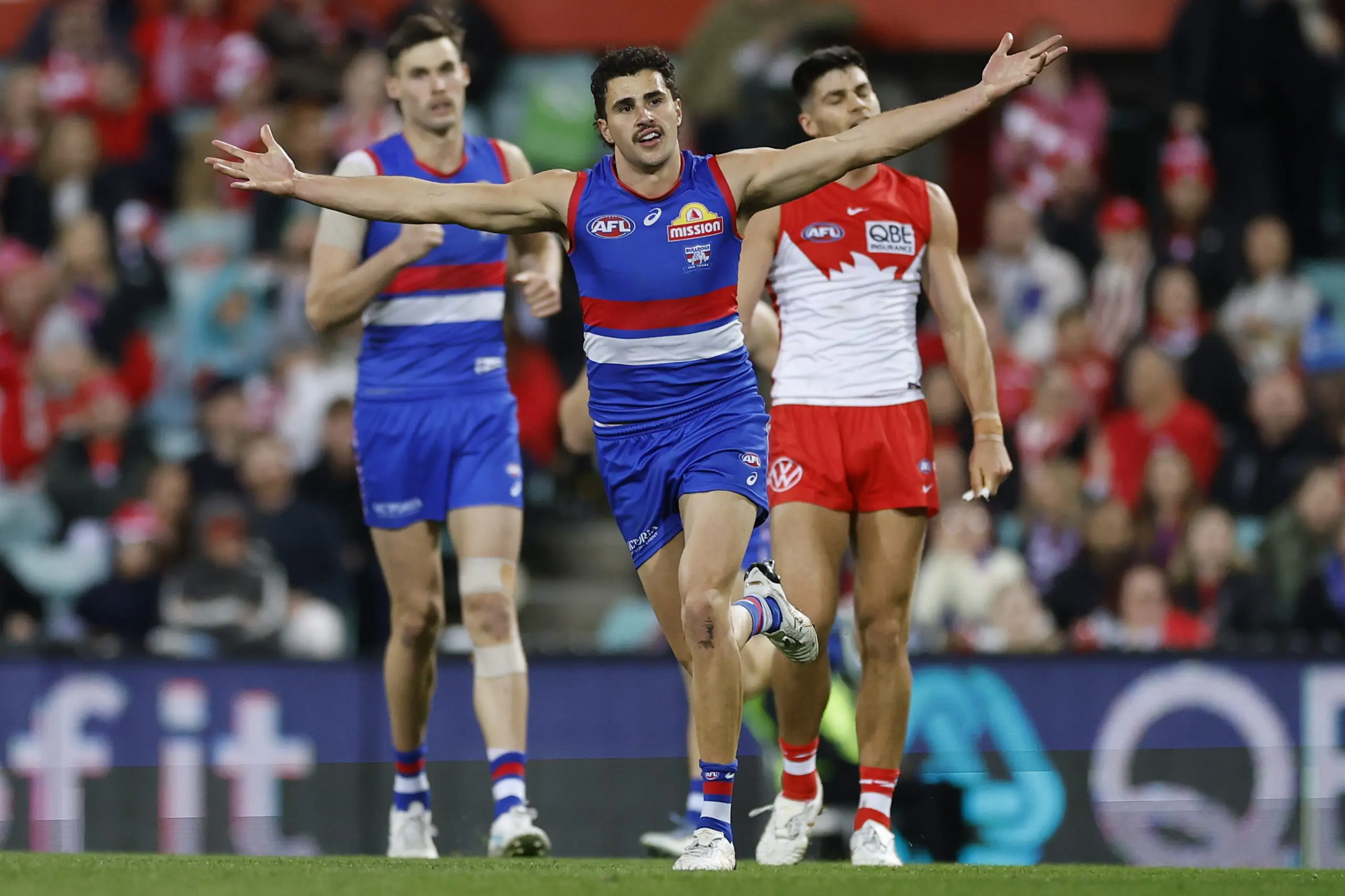 SYDNEY, AUSTRALIA - JUNE 27: Joel Freijah of the Bulldogs celebrates a goal during the round 16 AFL match between Sydney Swans and Western Bulldogs at Sydney Cricket Ground on June 27, 2025 in Sydney, Australia. (Photo by Darrian Traynor/AFL Photos/via Getty Images)