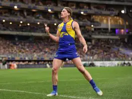 PERTH, AUSTRALIA - JULY 19: Harley Reid of the Eagles celebrates a goal during the round 19 AFL match between West Coast Eagles and Richmond Tigers at Optus Stadium on July 19, 2025 in Perth, Australia. (Photo by Janelle St Pierre/AFL Photos/via Getty Images)